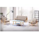 Sofa with Spring Seats and Wooden Metal Legs, Beige
