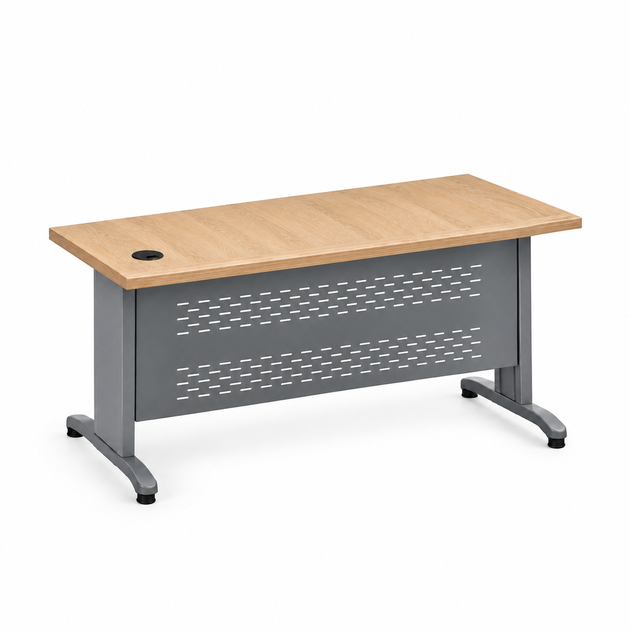 ChatGPT Image Sep 28, 2026, 11_03_15 AM D3-20 – Metal Frame Office Desk 160 cm – Wooden Top & Perforated Front Panel - Image 1